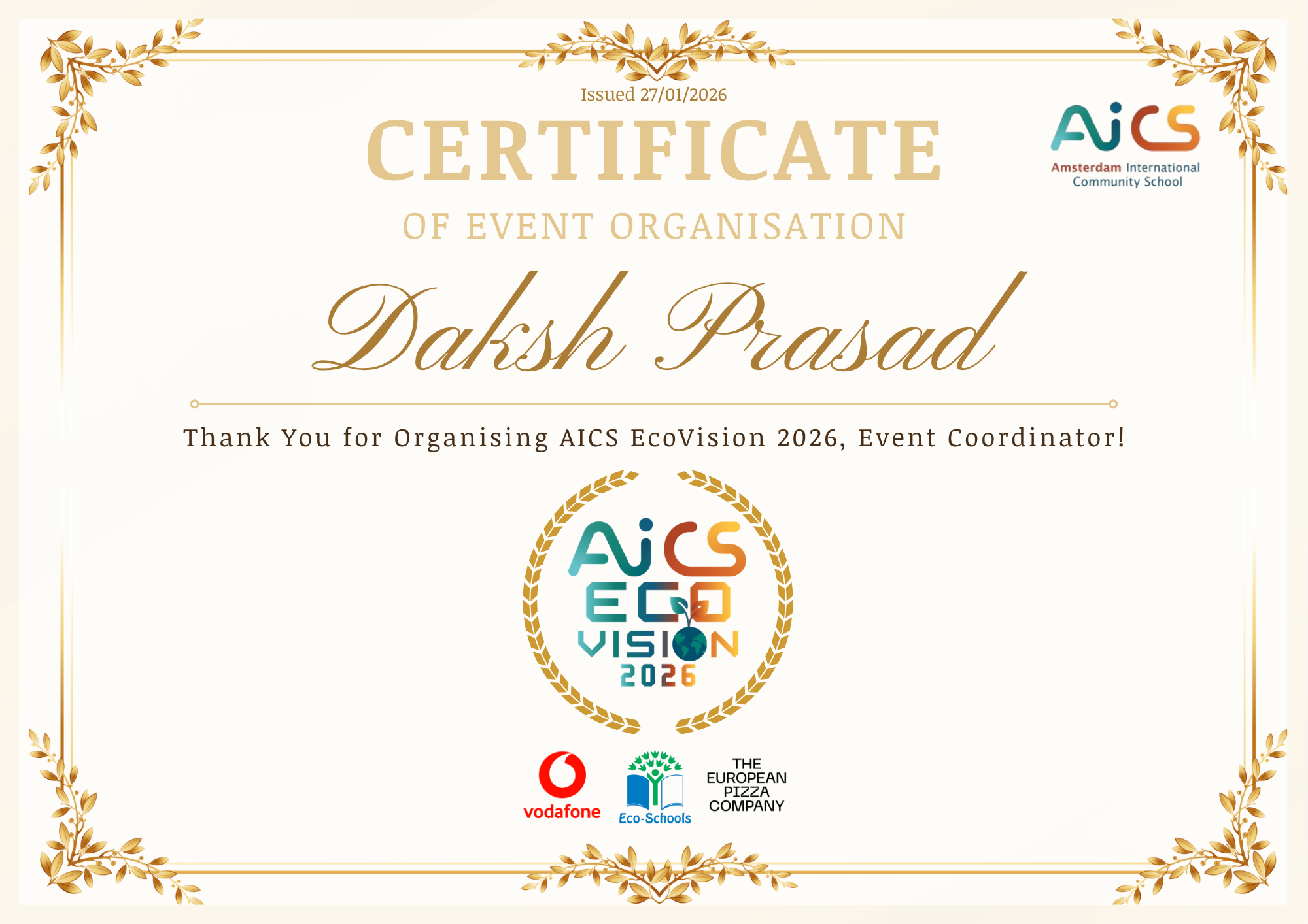 AICS EcoVision 2026 Certificate